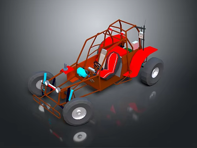 Red Off-Road Race Car Roll Cage Frame With Steering Wheel Bucket Seat And Wheels 3d model