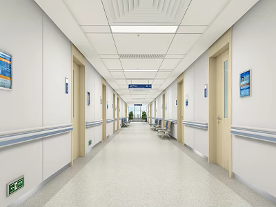 Elevator Hallway Interior With White Walls Blue Signs Wooden Door Frames And Light Flooring 3d model