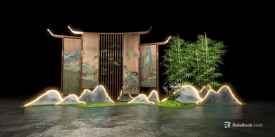Chinese Photo Check-in Spot With Landscape Screen Bamboo Illuminated Rocks And Water Ripple Floor 3d model 