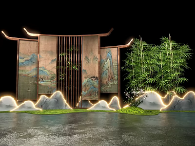 Chinese Photo Check-in Spot With Landscape Screen Bamboo Illuminated Rocks And Water Ripple Floor 3d model