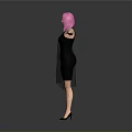 A woman with pink hair in black dress arms outstretched against gray background