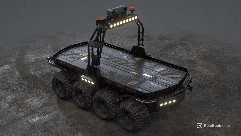 Six Wheeled Utility Vehicle With Flatbed Cargo Bed And Roof Mounted Equipment 3d model 