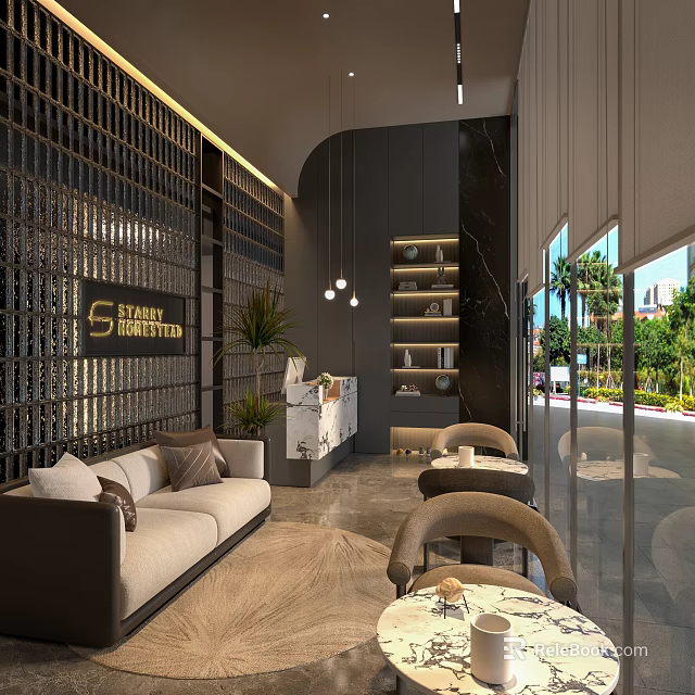 Modern Front Desk Reception Area With Stanly Limited Sign Sofa Chairs Plants And Shelves 3d model 
