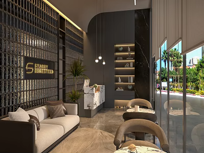 Modern Front Desk Reception Area With Stanly Limited Sign Sofa Chairs Plants And Shelves 3d model