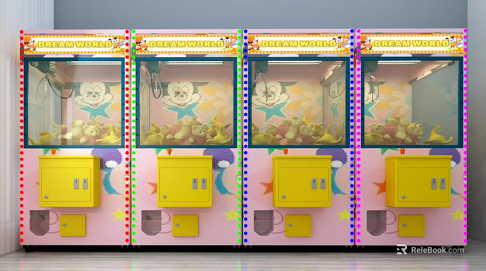 Colorful Claw Machines With Pink Bodies Yellow Doors And Stuffed Toys Inside 3d model 