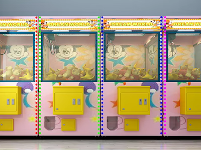 Colorful Claw Machines With Pink Bodies Yellow Doors And Stuffed Toys Inside 3d model