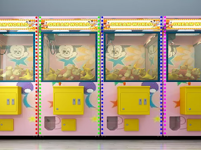 Colorful Claw Machines With Pink Bodies Yellow Doors And Stuffed Toys Inside 3d model