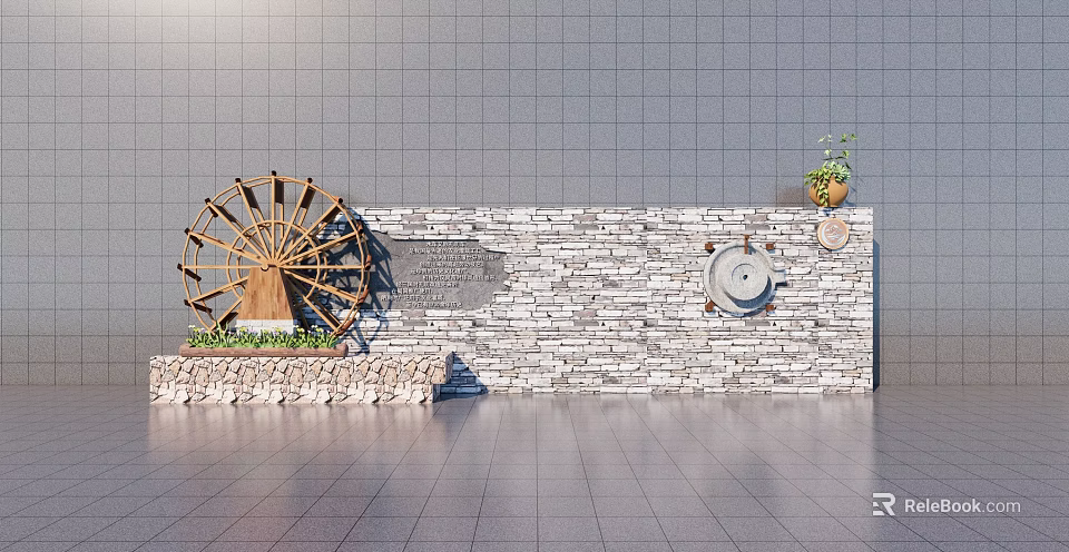 Rustic Stone Feature Wall Design With Wooden Waterwheel And Round Decorative Disk 3d model