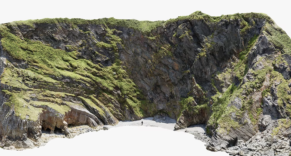 Natural Stone Cliff And Wooden Elements Amid Green Vegetation By Sandy Beach With Person 3d model 