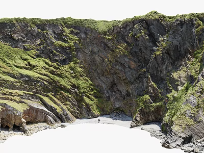 Natural Stone Cliff And Wooden Elements Amid Green Vegetation By Sandy Beach With Person 3d model