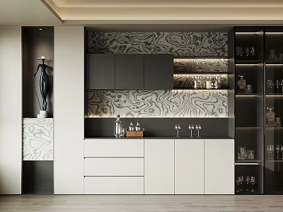 Modern Wine Cabinet With Black And White Cabinets Glass Doors And Marble Backsplash 3d model