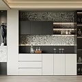 Modern Wine Cabinet With Black And White Cabinets Glass Doors And Marble Backsplash