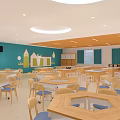 Spacious School Classroom With Blue Walls Round Lights Desks Storage Cabinets And Large Screen TV