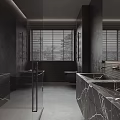 Modern Bathroom With Dark Marble Walls Black Freestanding Bathtub And Window Blinds