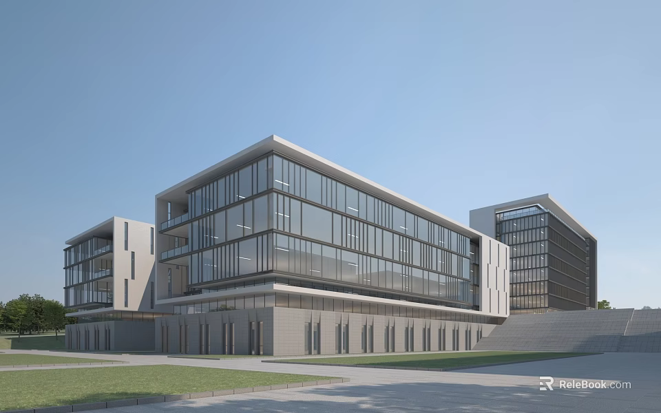 Modern Multi storey Office Building Exterior Design With Glass Curtain Wall And Front Lawn 3d model 
