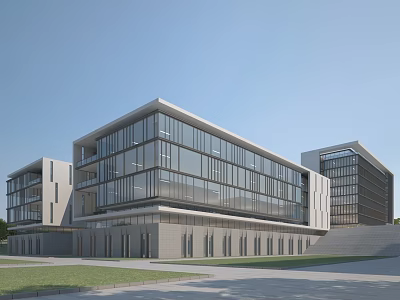 Modern Multi storey Office Building Exterior Design With Glass Curtain Wall And Front Lawn 3d model