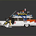 Detailed Lego Ghostbusters Vehicle with Minifigures in Yellow Uniforms and Roof Equipment