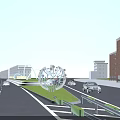 Urban Road Facilities With Green Landscaping Decorative Structure Flanking Buildings And Moving Vehicles