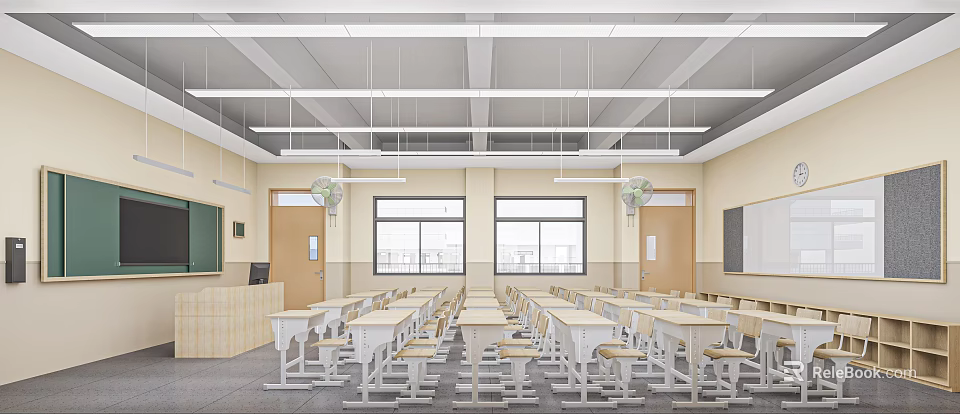 Well Lit Modern School Classroom With Desks Chairs Fans And Windows 3d model 