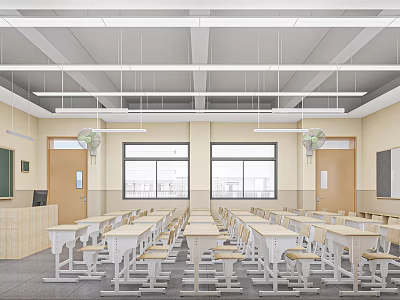 Well Lit Modern School Classroom With Desks Chairs Fans And Windows 3d model