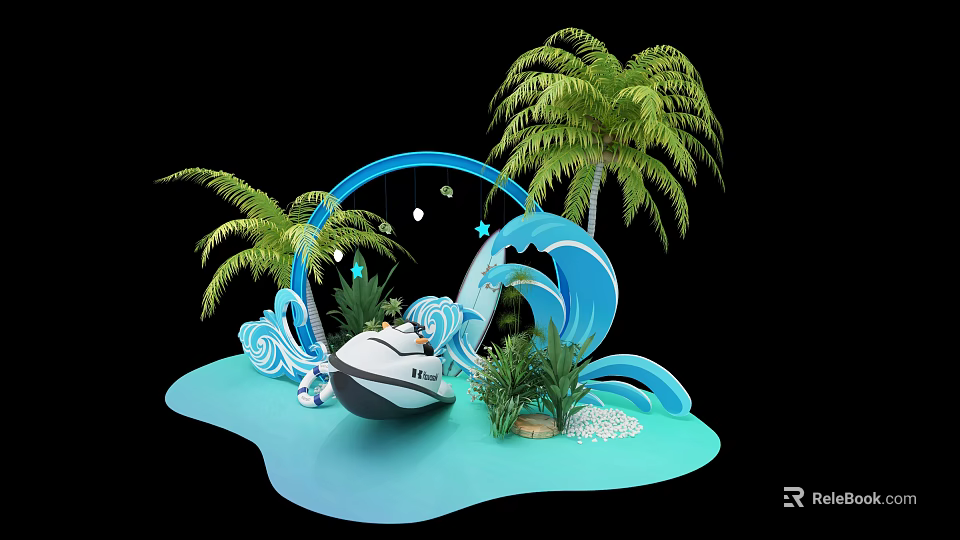 Tropical Decorative Scene With Blue Waves Palm Trees Green Plants And Small Boat 3d model 