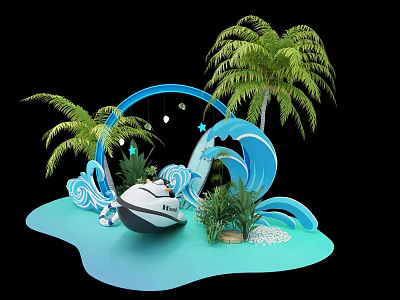Tropical Decorative Scene With Blue Waves Palm Trees Green Plants And Small Boat 3d model
