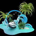 Tropical Decorative Scene With Blue Waves Palm Trees Green Plants And Small Boat