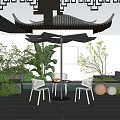 Garden Outdoor Table and Chairs Set with White Chairs Black Umbrella Round Table Green Plants