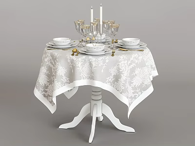Elegantly Set Round Dining Table With White Lace Tablecloth Plates Wine Glasses And Candles 3d model