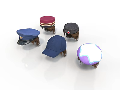 Collection of Assorted Colorful Hats with Hair Attachments on White Background 3d model