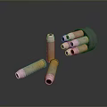 Weapon Ammunition Including Gold And Copper Bullets With Magazine On Dark Reflective Background