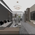 Modern Living Dining Room Interior With Chandelier Large Window Sofa And Decorative Plant
