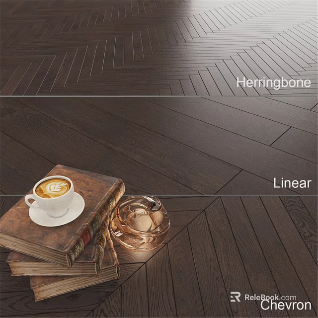 Herringbone and Linear Wooden Flooring Design With Coffee Cup Book And Glass Container 3d model 