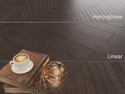 Herringbone and Linear Wooden Flooring Design With Coffee Cup Book And Glass Container 3d model