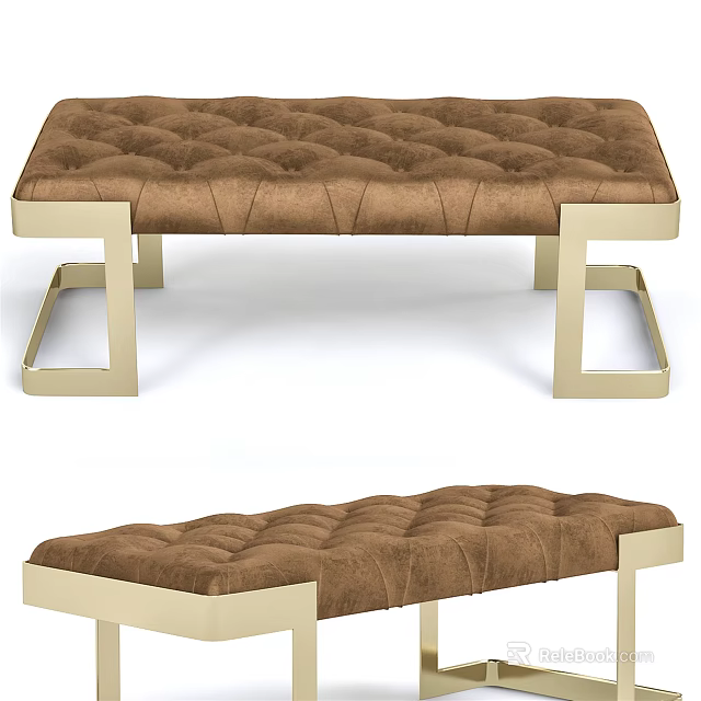 Tufted Brown Leather Ottoman with Gold Metal Legs Modern Style Design 3d model 