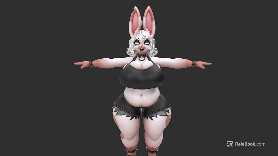 Anthropomorphic Rabbit Character With Curvy Figure Black Outfit Choker And Bracelets 3d model 
