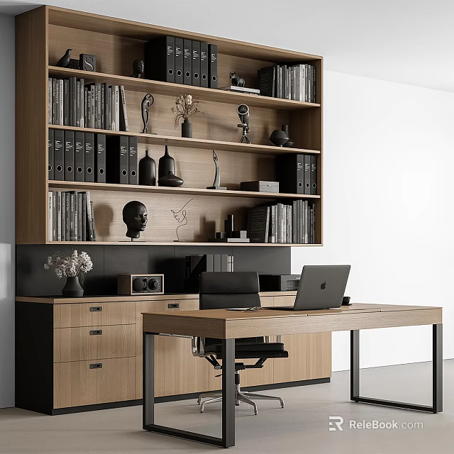 Wooden Home Office Desk With Bookshelf Books Decor And Laptop Setup 3d model 