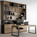 Wooden Home Office Desk With Bookshelf Books Decor And Laptop Setup