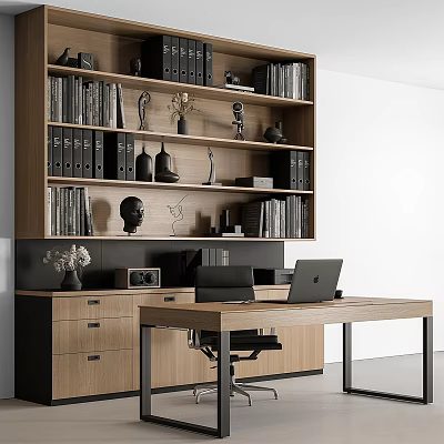 Wooden Home Office Desk With Bookshelf Books Decor And Laptop Setup 3d model