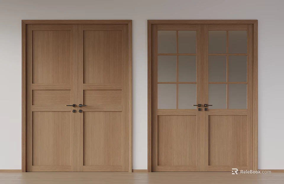 Wooden Double Doors With Glass Panes And Solid Panel Design For Home Interior 3d model 