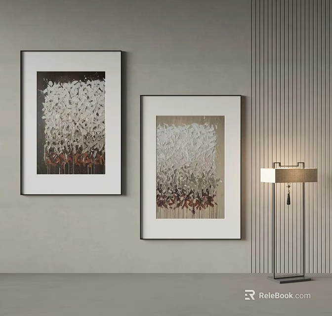 Abstract Landscape Paintings Hanging On Modern Wall With Striped Design And Floor Lamp 3d model 