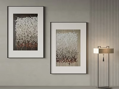 Abstract Landscape Paintings Hanging On Modern Wall With Striped Design And Floor Lamp 3d model