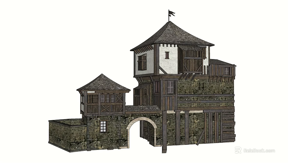 Medieval Castle Structure With Stone Walls Tower Pitched Roofs And Arched Gateway 3d model