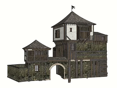Medieval Castle Structure With Stone Walls Tower Pitched Roofs And Arched Gateway 3d model