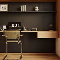Modern Study Room Interior With Wooden Desk Laptop Wicker Chair And Stationery