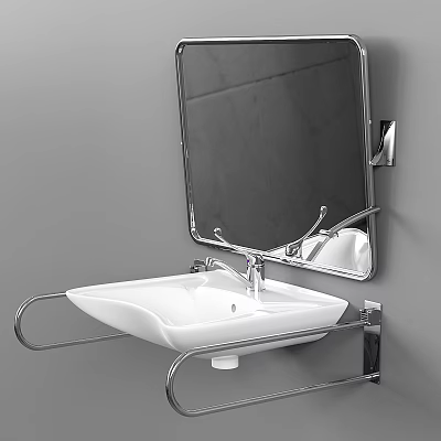 Modern Bathroom Wall Mounted White Washbasin With Metal Stand And Mirror 3d model