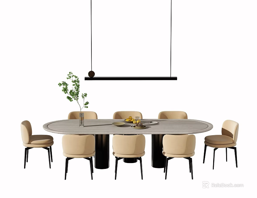 Modern Round Dining Table Set With Beige Chairs And Hanging Pendant Light 3d model