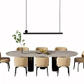 Modern Round Dining Table Set With Beige Chairs And Hanging Pendant Light 3d model