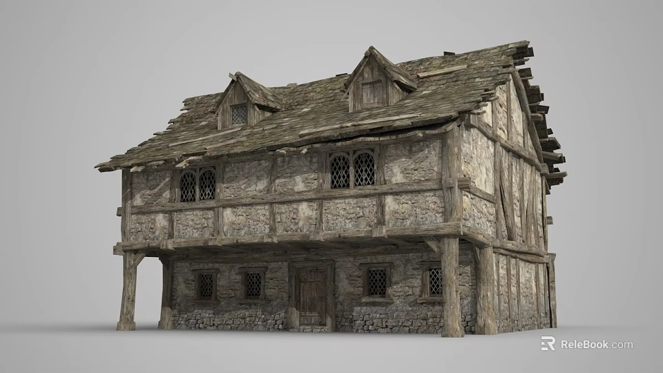 Ancient Building Two Story Design With Wooden Frame Stone Walls Tiled Roof And Lattice Windows 3d model 