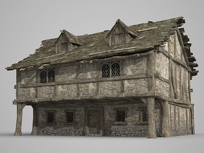 Ancient Building Two Story Design With Wooden Frame Stone Walls Tiled Roof And Lattice Windows 3d model